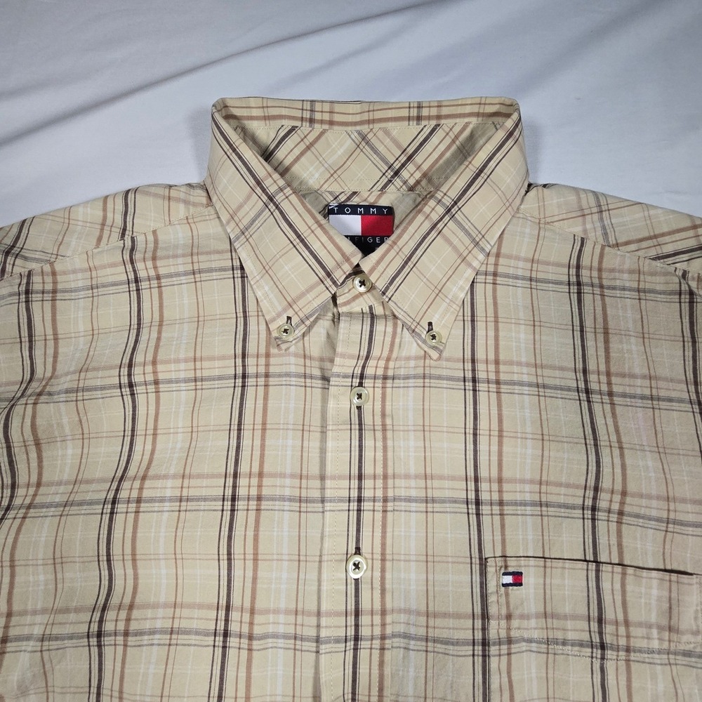 Vintage y2k Tommy Hilfiger Mens XL Short Sleeve Button Down Shirt Tan Plaid